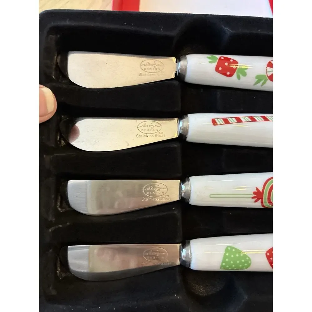 4 Christmas cheese spreaders Stainless Steel Knives porcelain holiday sweets